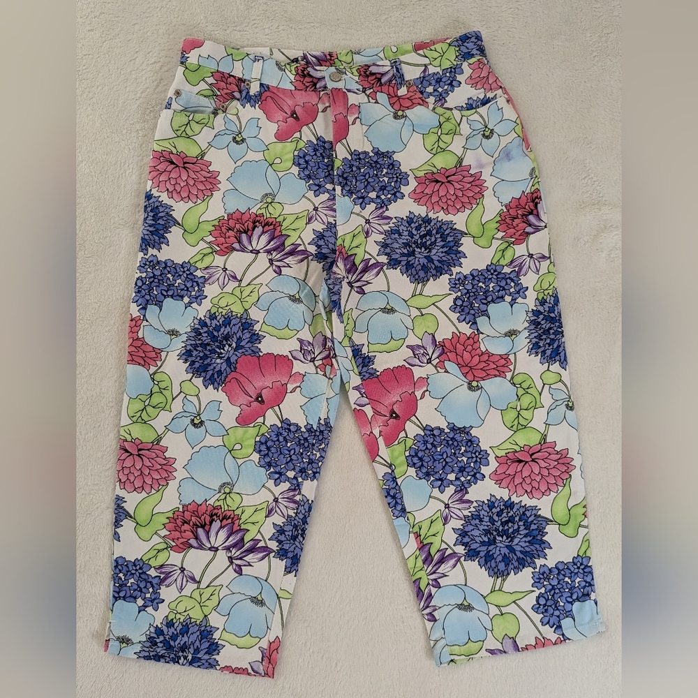 Bill Blass Jeanswear MidRise Ankle Floral Capri Pants Cotton Womens Size 16